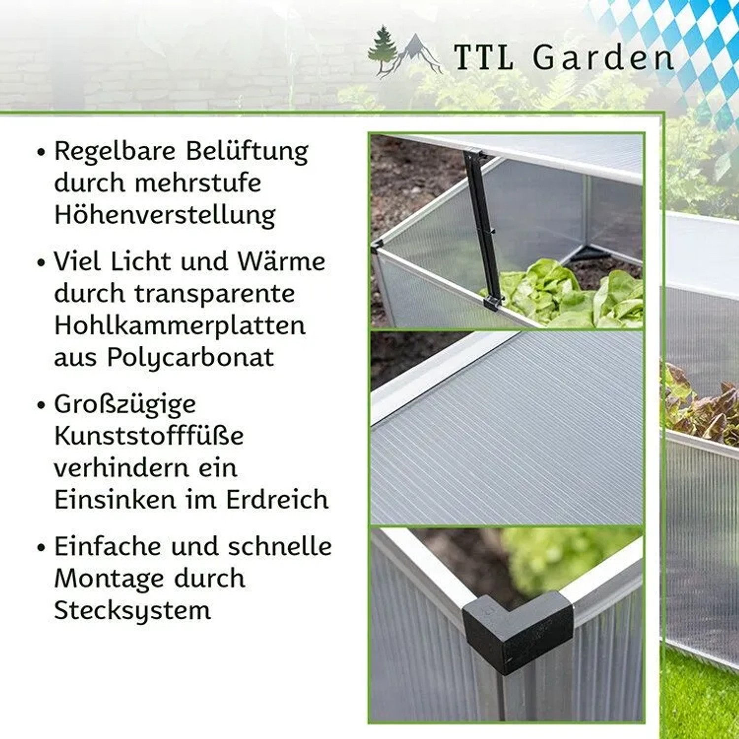 TTL Garden Frühbeet-Aufsatz aus Aluminium mit Polycarbonatplatten für Hochbeet, Detailansichten.