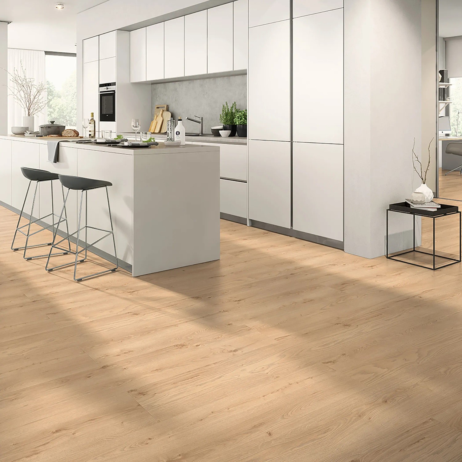 Verlegtes Classen Grande XXL Laminat Eiche Versailles Natur in moderner Küche.