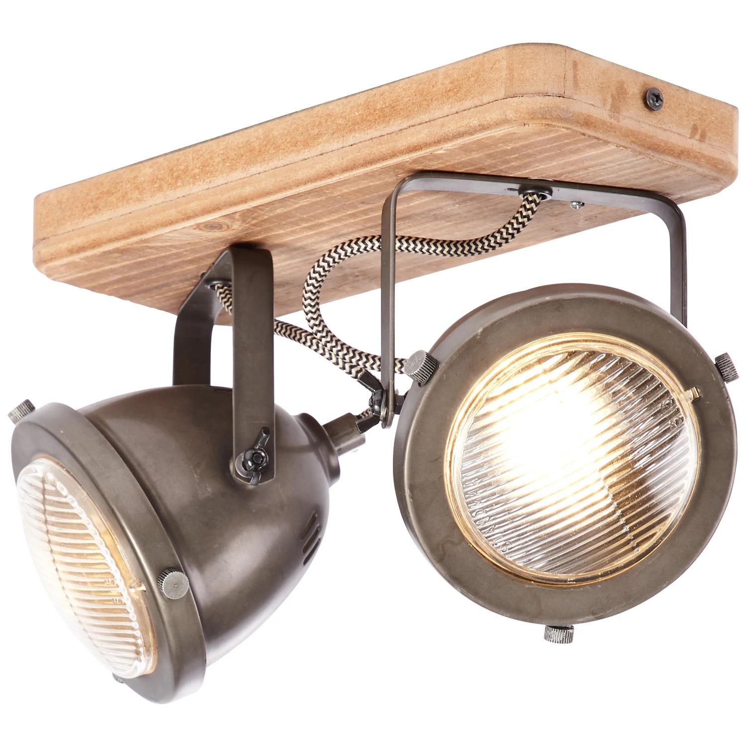 Brilliant Spot Carmen: 2-flammiger Deckenstrahler aus Holz und Metall in Burned Steel Optik.