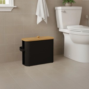 Relaxdays Toilettenpapierbehälter Polyester Bambus Kunststoff Schwarz 12 Rollen mit Sichtfenster 33 cm x 45 cm x 16 cm 0,7 kg