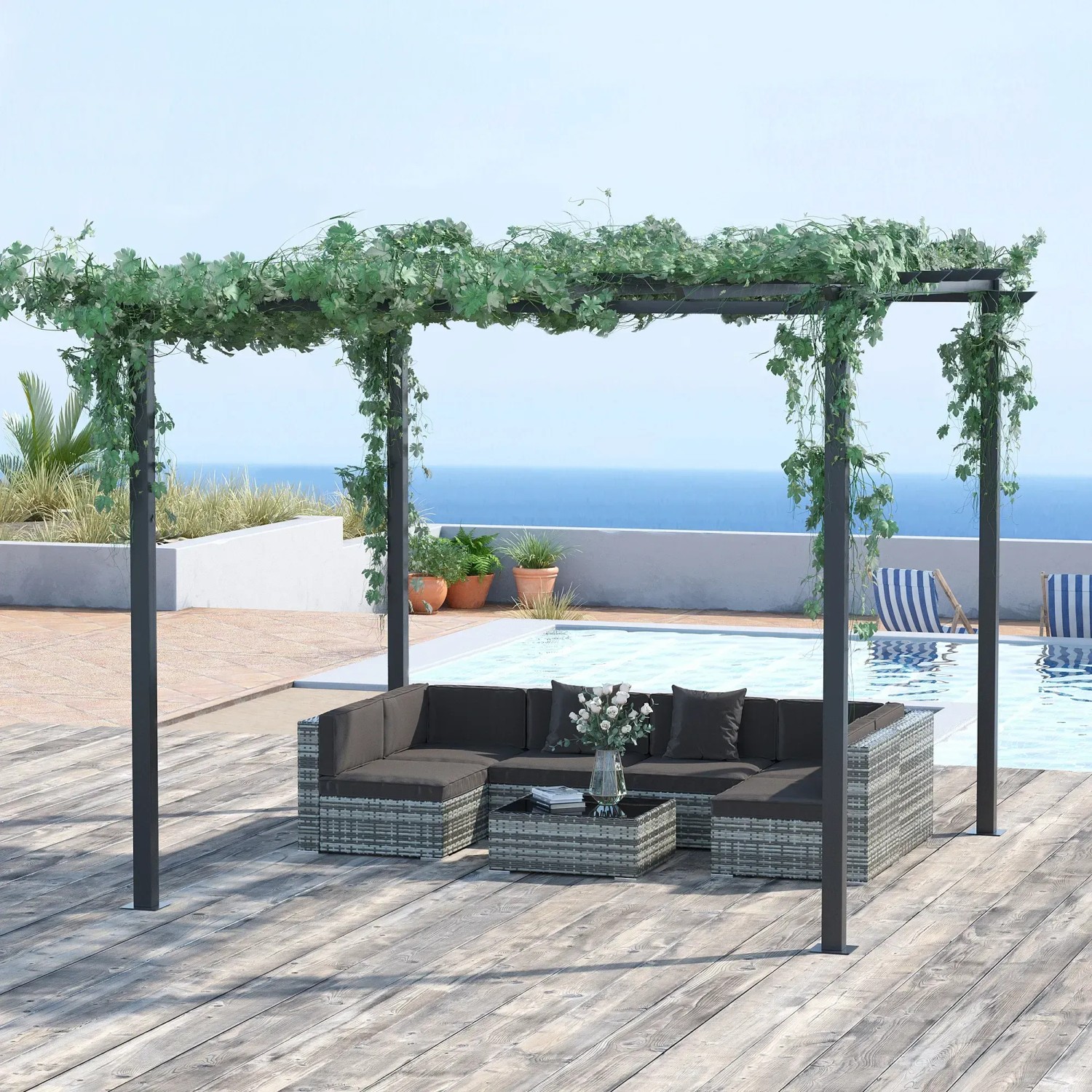 Schwarze Outsunny Metall Pergola/Pavillon (L297 x B295 x H230 cm) mit Rankpflanzen und Sitzgruppe.