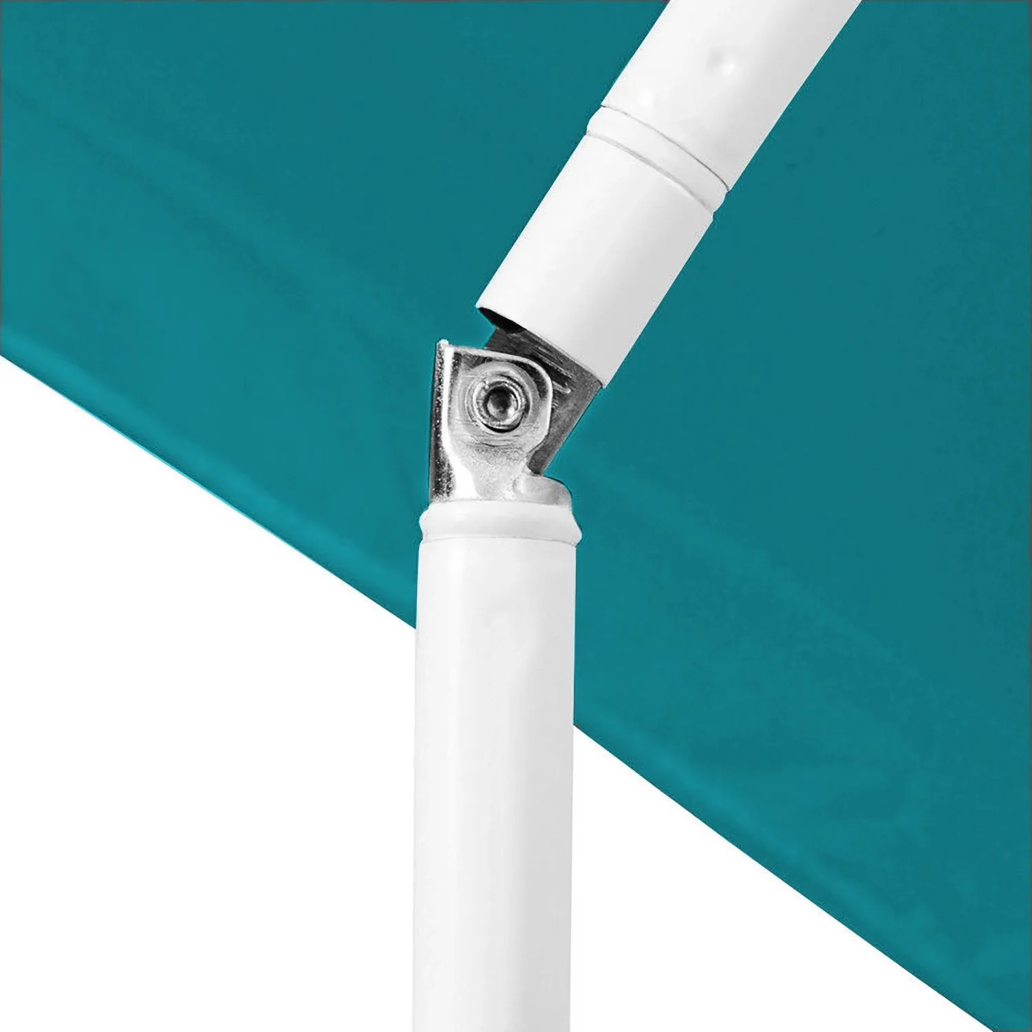 Detailaufnahme: Knickmechanismus des petrolfarbenen MOJAWO Sonnenschirms.