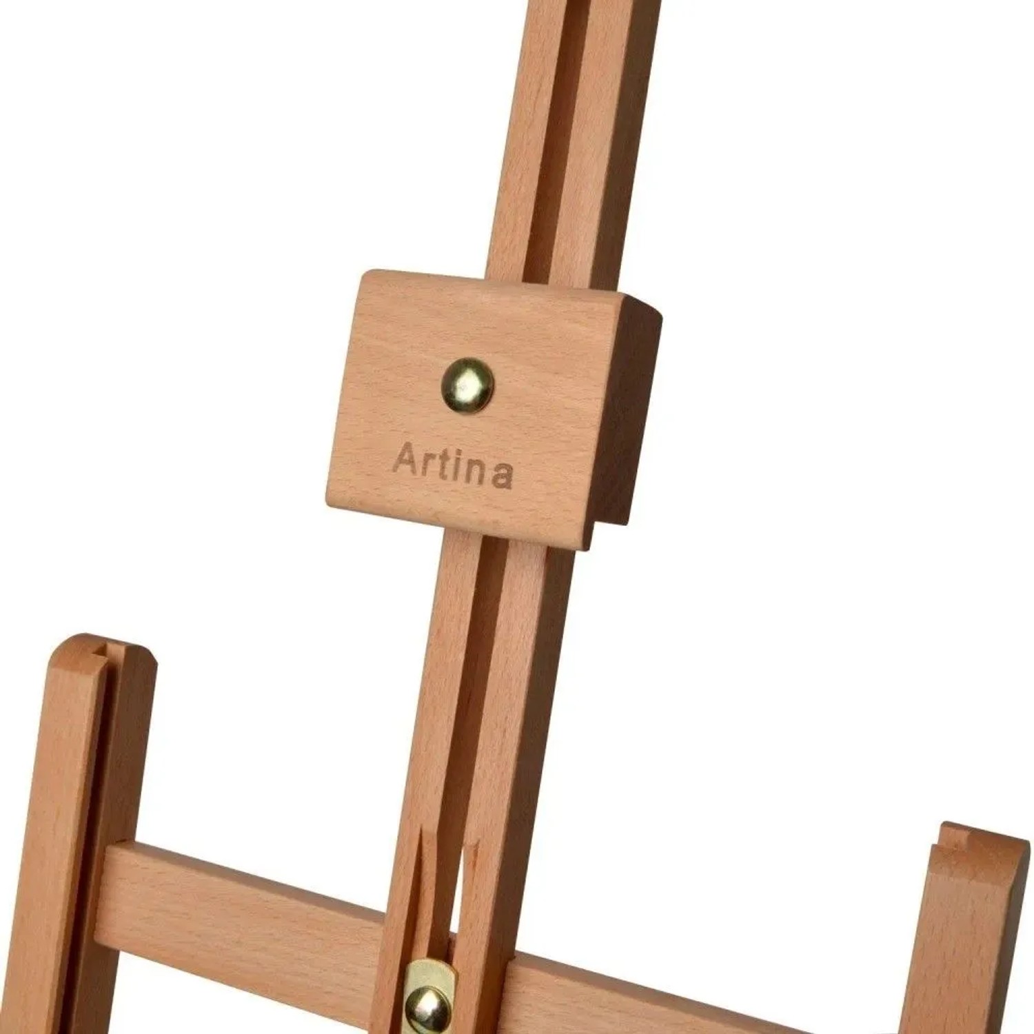 Detailansicht Artina Metz Staffelei aus Buchenholz, Tischstaffelei mit Logo.