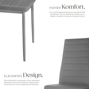 Grauer gepolsterter Esszimmerstuhl mit Kunstlederbezug. Hohe Rückenlehne, elegantes Design für Komfort im 4er Set.