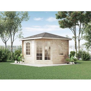 Alpholz Gartenhaus Viking ISO, naturbelassenes Holz mit Spitzdach und Fenstern.