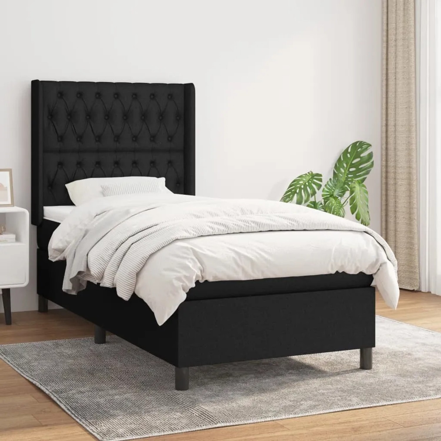 Schwarzes vidaXL Boxspringbett 90x190 cm mit Stoffbezug, inklusive Matratze und Kopfteil.