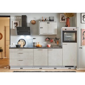 Moderne pino Küchenzeile 250 cm in Beton Weißgrau mit Geräteschrank und Elektrogeräten.