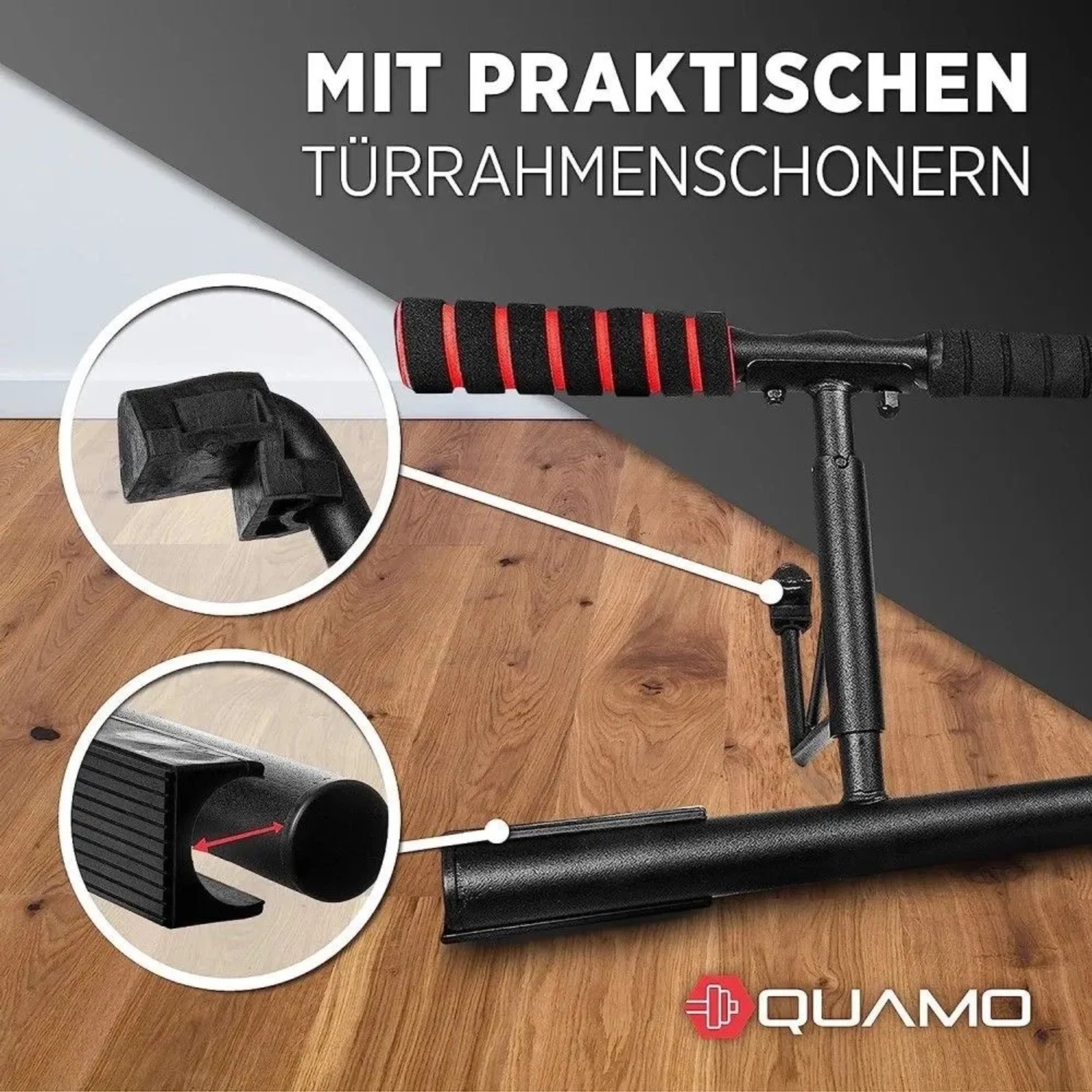 Quamo Klimmzugstange für Türrahmen, Details der Montage und Türrahmenschoner.