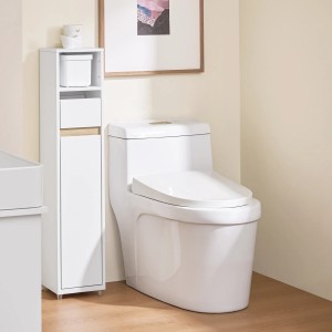 Schmaler, weißer SoBuy Badezimmerschrank BZR151-W mit Schublade und Regalfächern neben einer Toilette.