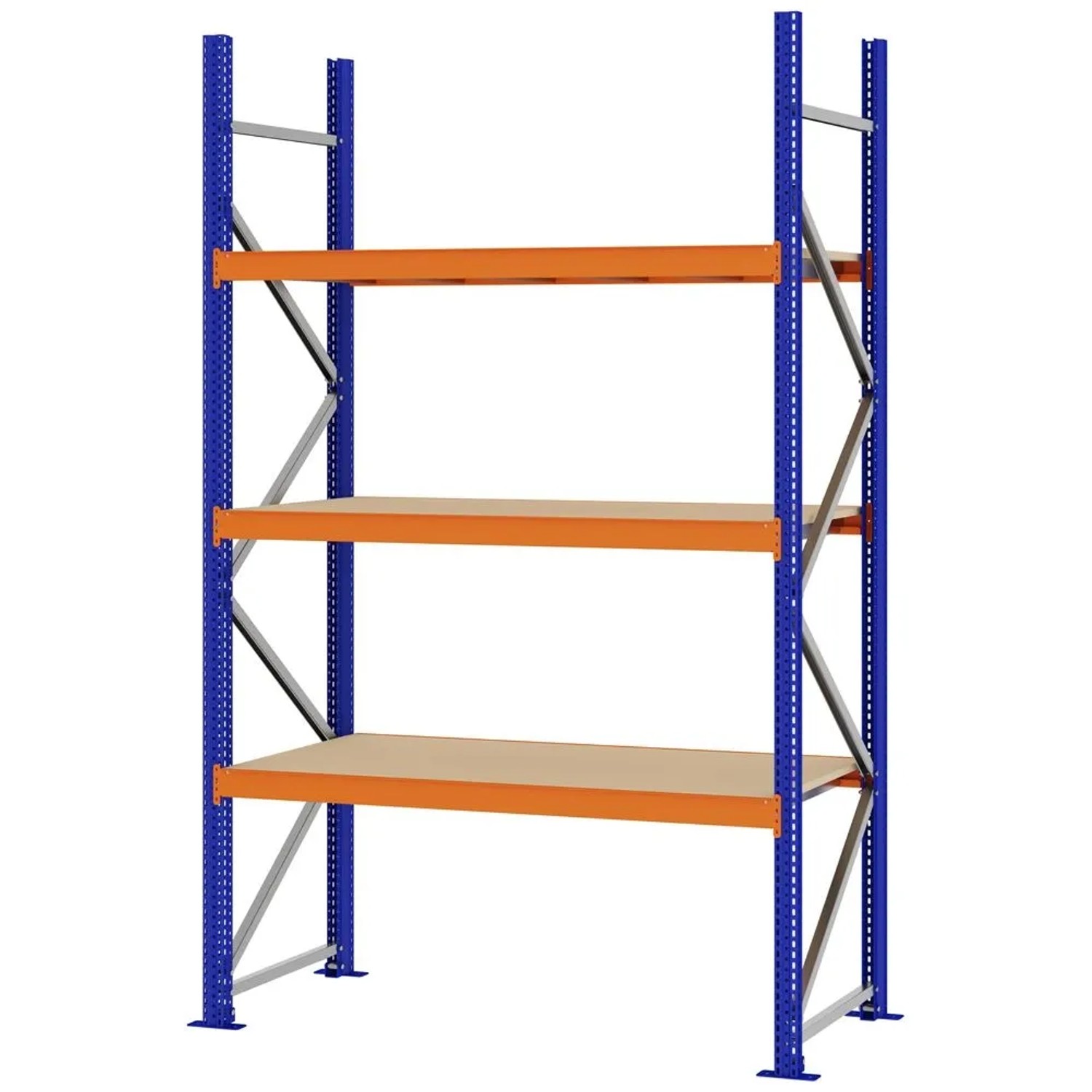 PROREGAL Weitspannregal Schraub-Stecksystem MAGNUS PRO Made In Germany Grundregal 250x150x60cm 3 Ebenen Spanplattenböden Fachlast 750kg Blau/Orange