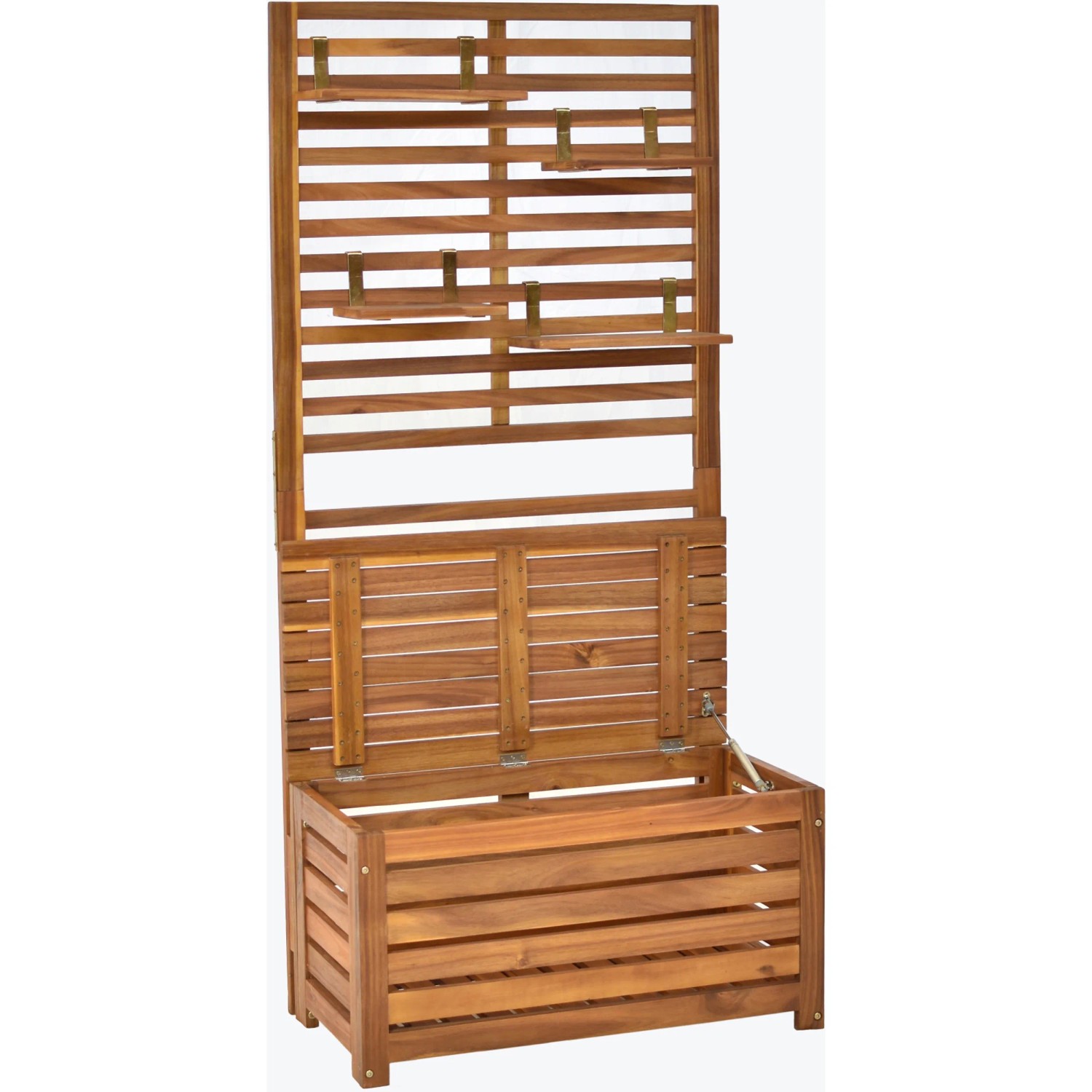 Merxx Sichtschutz mit Kissenbox und Ablage aus geöltem Akazienholz. Ideal für Garten und Terrasse.