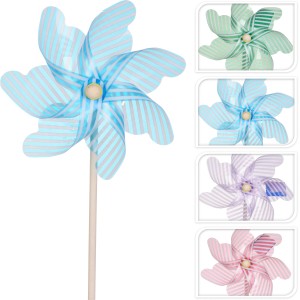 Windrad Gartendeko in Blau, Pink, Lila und Grün mit Holzstab.