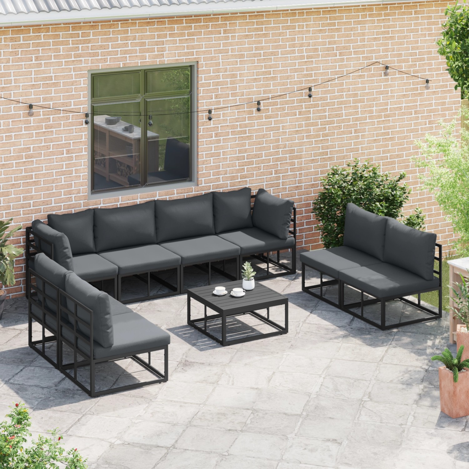 vidaXL Garten-Sofa-Set, 8-teilig, schwarz, mit Aluminiumrahmen und grauen Kissen.