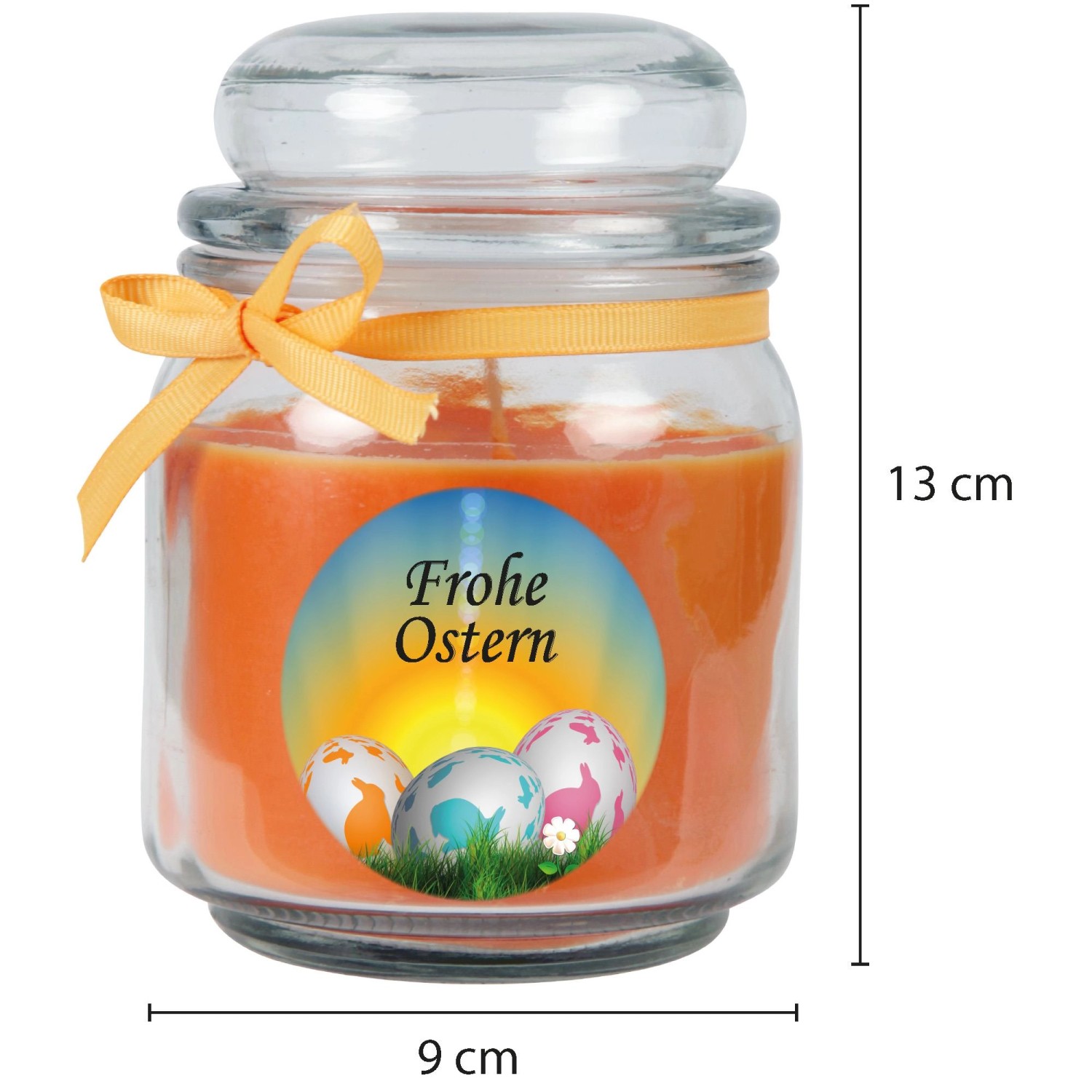 Duftkerze Frohe Ostern im Glas, Honigmelone, Ø9cm. Osterdeko für gemütliche Stunden.