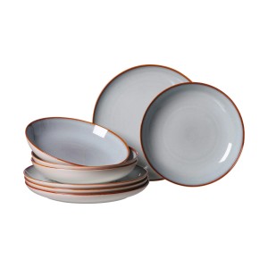 Ritzenhoff & Breker Portofino Tafel-Set, 8-teilig: Geschirr-Set mit Tellern und Schalen in Grau mit braunem Rand.