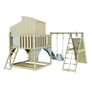 Holz-Spieltürm mit Schaukel, Rutsche und Kletterwand. Ideal für Kinder ab 3 Jahren.