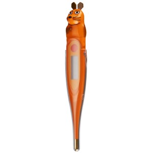 Digitales Fieberthermometer im Maus-Design, orange, mit Display und flexibler Spitze.
