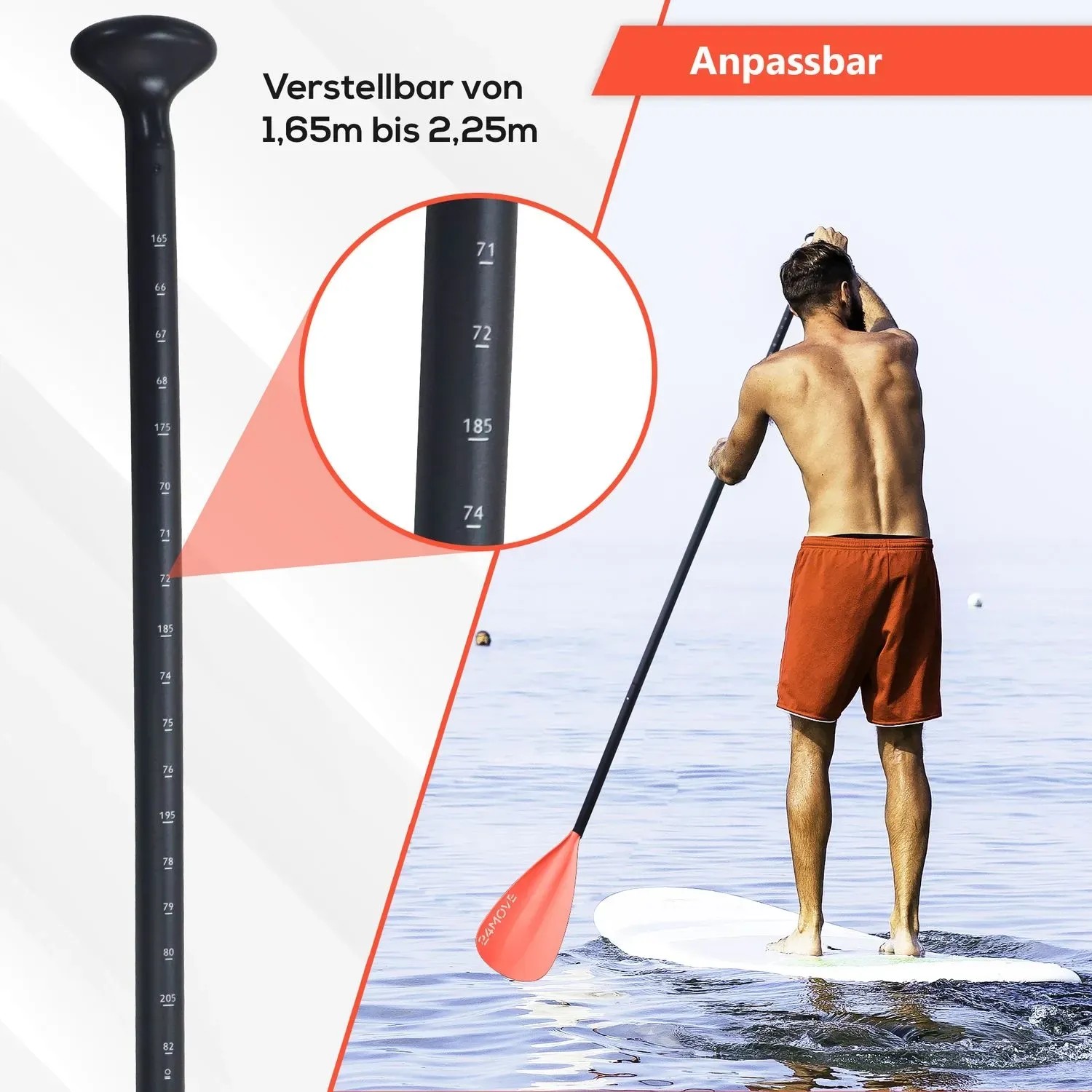 24MOVE Doppelpaddel 2in1 rot, als SUP-Paddel und Kajak-Paddel nutzbar, mit Längenmarkierung.