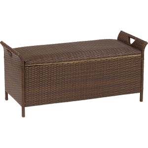 Braune Kissenbox Davenport aus Polyrattan, 49x108x46 cm, zur Aufbewahrung von Gartenauflagen.