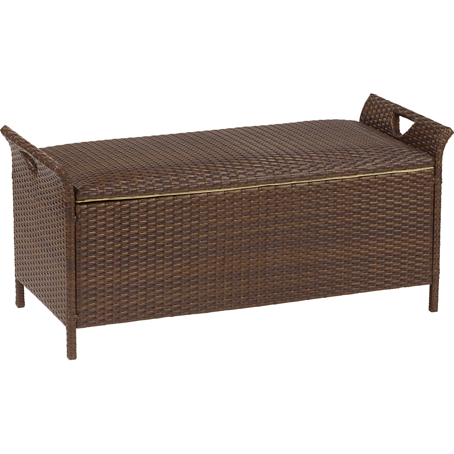 Braune Kissenbox Davenport aus Polyrattan, 49x108x46 cm, zur Aufbewahrung von Gartenauflagen.