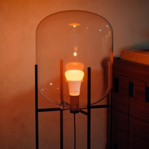 Philips Hue E27 LED-Lampe, 2er-Pack, warmweiß bis farbig, in einer Stehlampe.