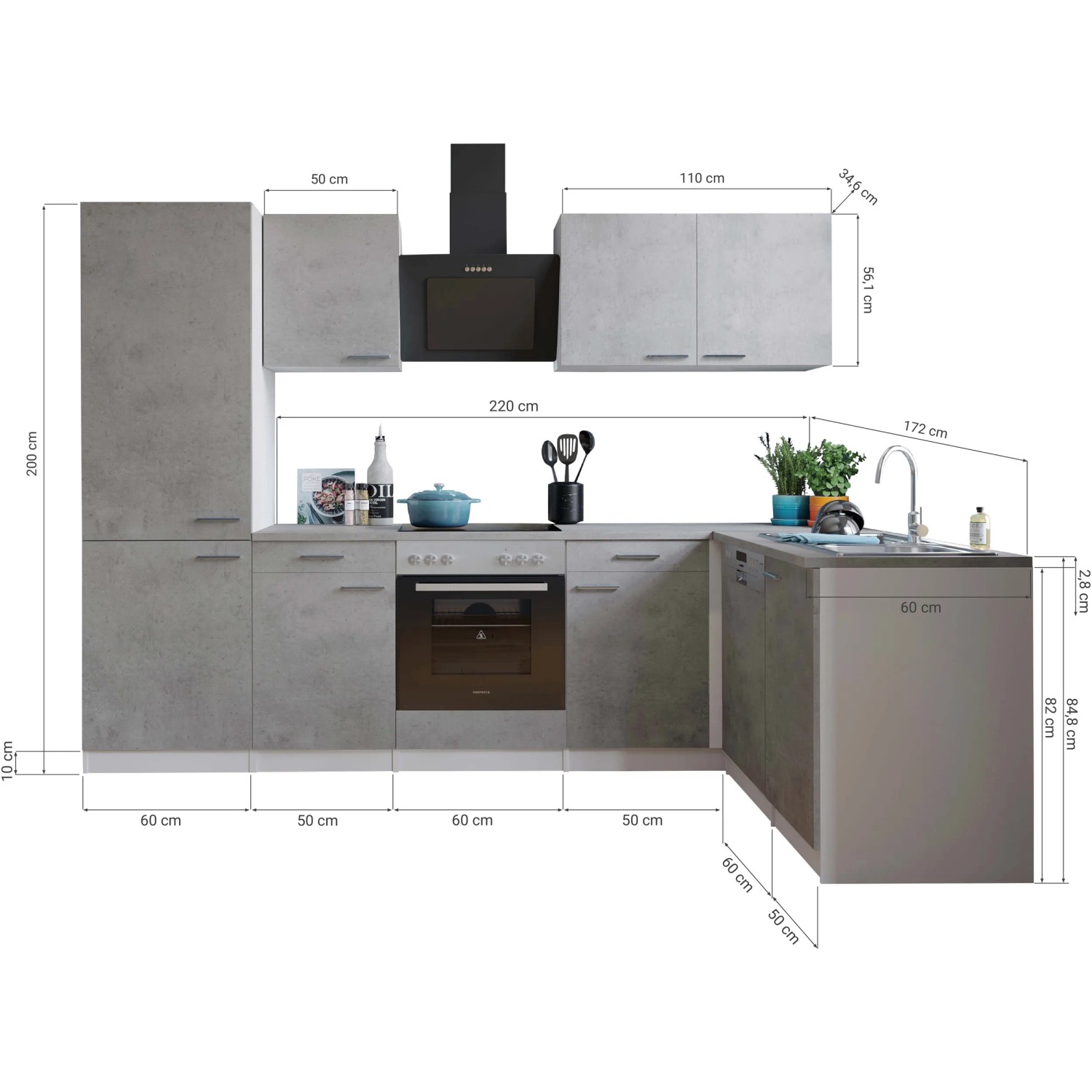 Respekta L-Küche Malia 280 cm in Betonoptik mit E-Geräten wie Kühl-/Gefrierkombination.