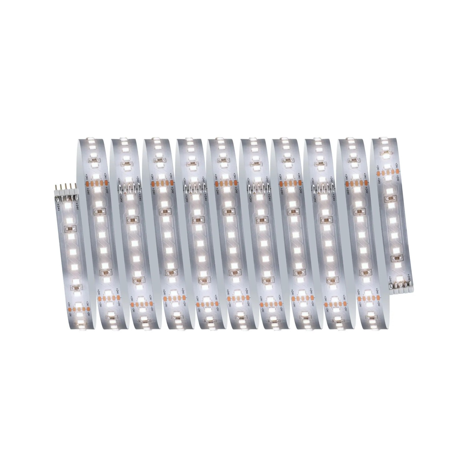 Paulmann LED-Strip MaxLED 1000 Basisset, 3 m, neutralweiß, aufgerollt mit leuchtenden LEDs.