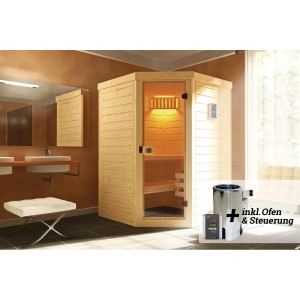 Weka Elementsauna Laukkala Sparset mit Ofen und Leuchtenset aus Fichtenholz mit Glastür.