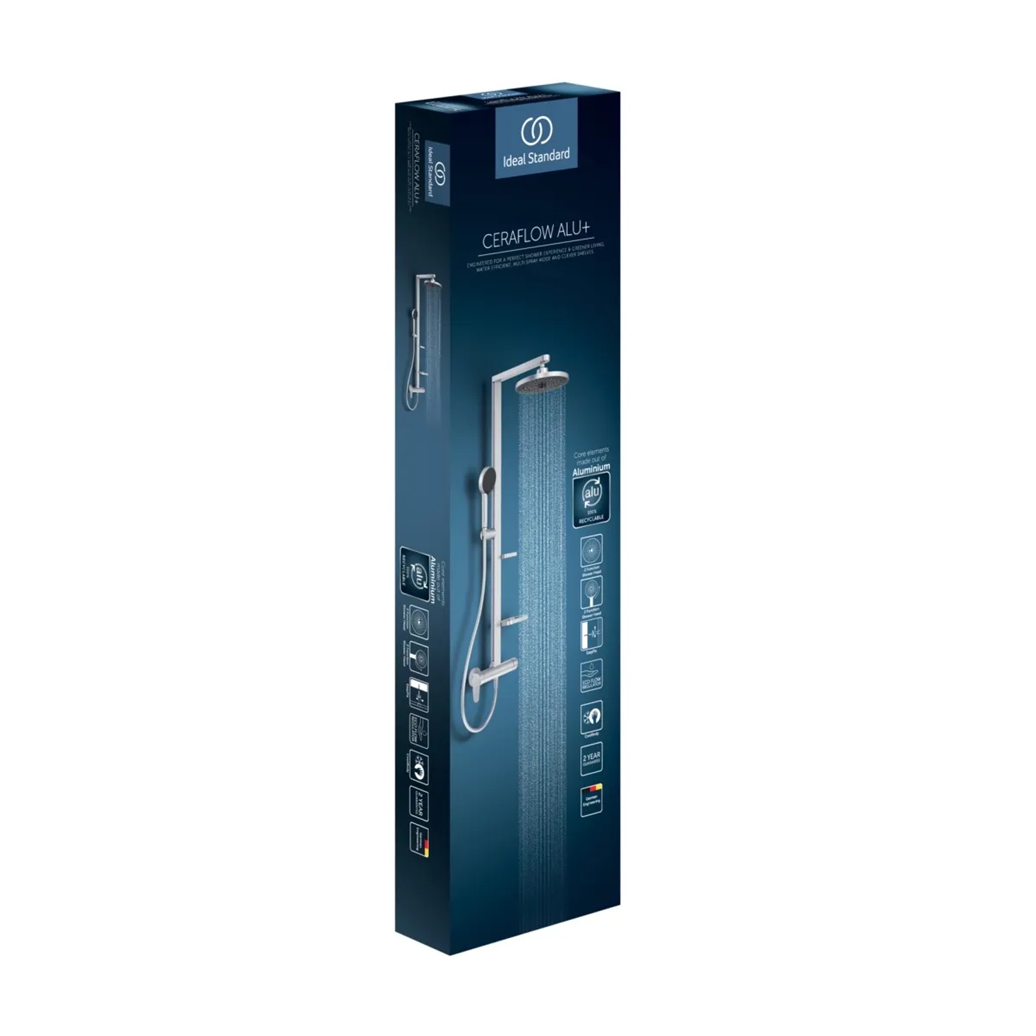 Verpackung des Ideal Standard Duschsystems Alu+ mit Kopf- und Handbrause in Silber.