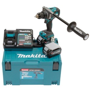 Makita Akku-Bohrschrauber DF001GD201 mit Akkus, Ladegerät und Koffer.