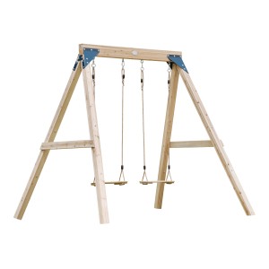 Axi Doppelschaukel Yuna aus Holz, braun, mit zwei Schaukelsitzen und blauem Beschlag.