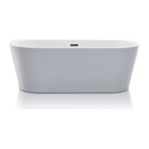 Weiße freistehende Badewanne Divina aus Acryl, 180 cm, mit dunklem Überlauf. Zeitloser Stil für Ihr Bad.