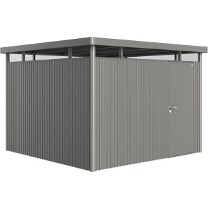 Biohort HighLine Gerätehaus, Gr. H6, Quarzgrau-Metallic mit Standardtür. Modernes Design mit Flachdach.