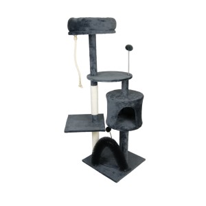 Beiger Katzenbaum mit Kratzstamm, Liegemulde, Höhle und Spielzeug zum Klettern und Kratzen.