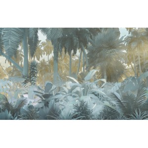 Komar Vlies Fototapete Misty Jungle, 400x250 cm, zeigt Dschungelmotiv mit Palmen und tropischen Pflanzen.