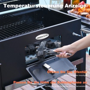 HOMAVO Holzkohlegrill mit Deckel, Kohle wird mit Zange nachgelegt.