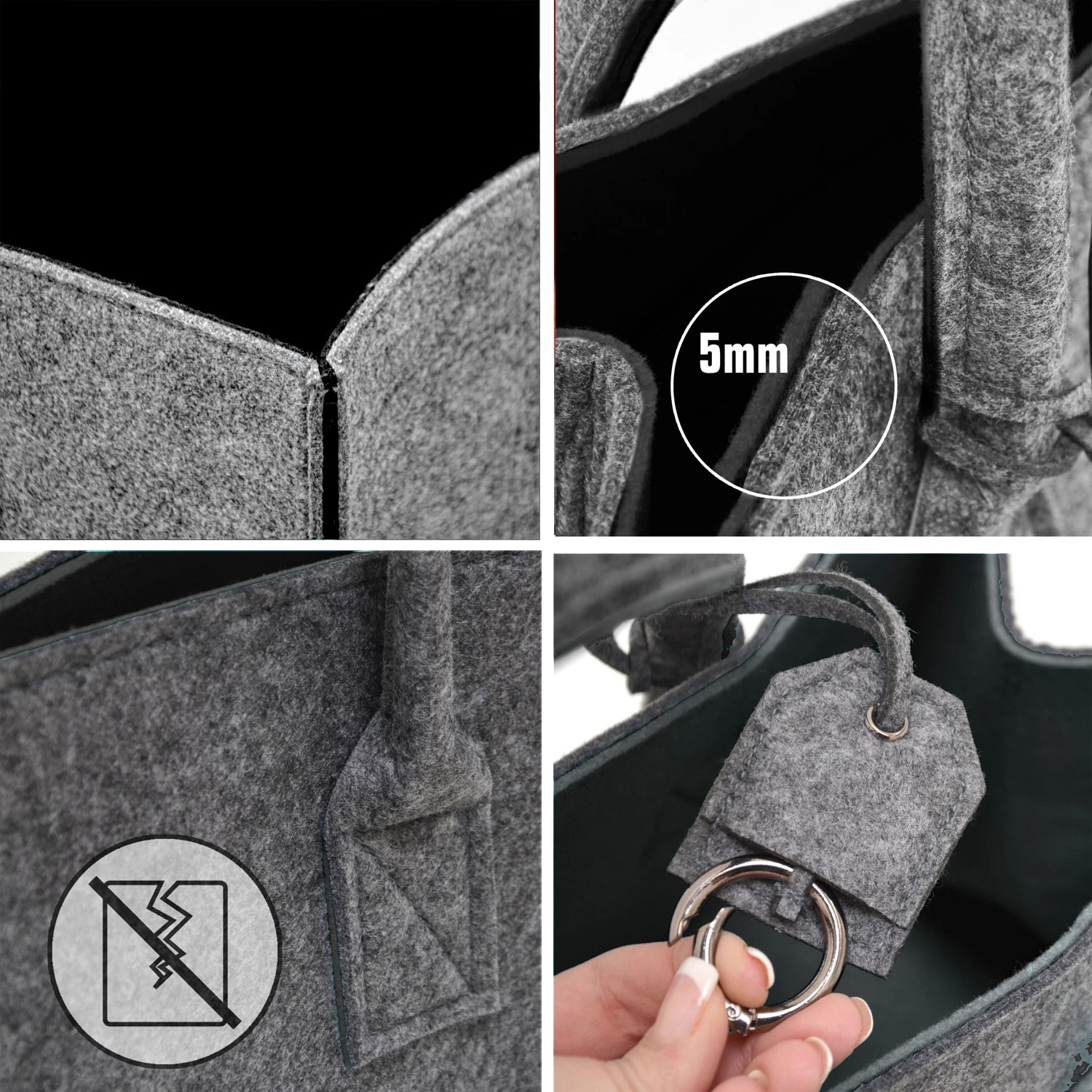 Detailansicht: DuneDesign Filztasche 2er Set, grau & schwarz, robust, mit Schlüsselband. Aufbewahrungsbox Details.