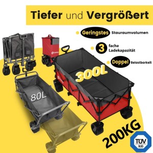 Sekey Bollerwagen XXXL, rot, faltbar, 200kg Tragkraft, 300L Volumen. Ideal für Camping.