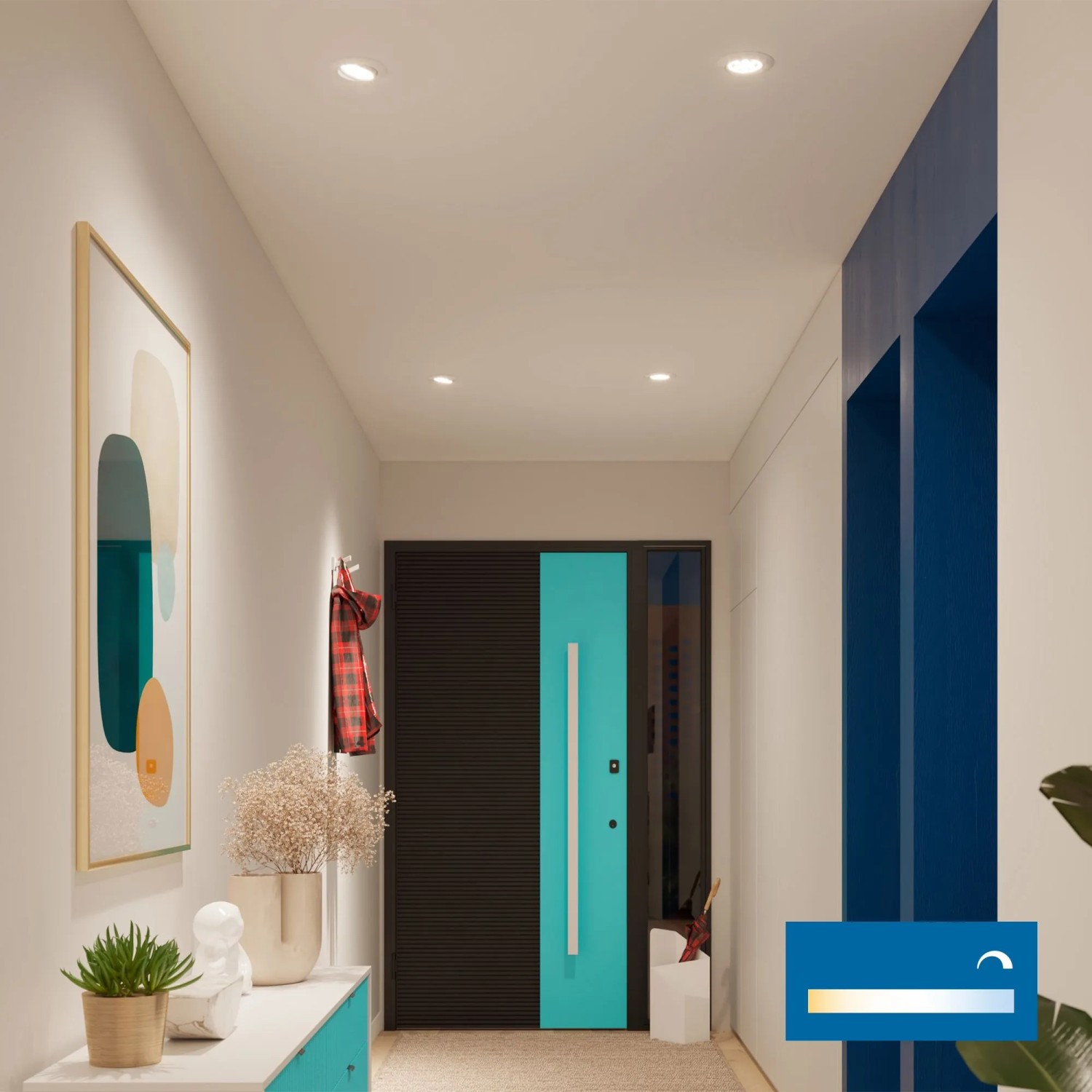 Smarte GU10 LED-Spots beleuchten einen modernen Flur. Dimmbares Licht von warm- bis kaltweiß für flexible Beleuchtung im Eingangsbereich.