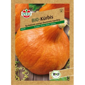 Samenpackung Sperli Bio Kürbis F1-Hybride, Hokkaido Kürbis mit oranger Frucht und Bio-Siegel.