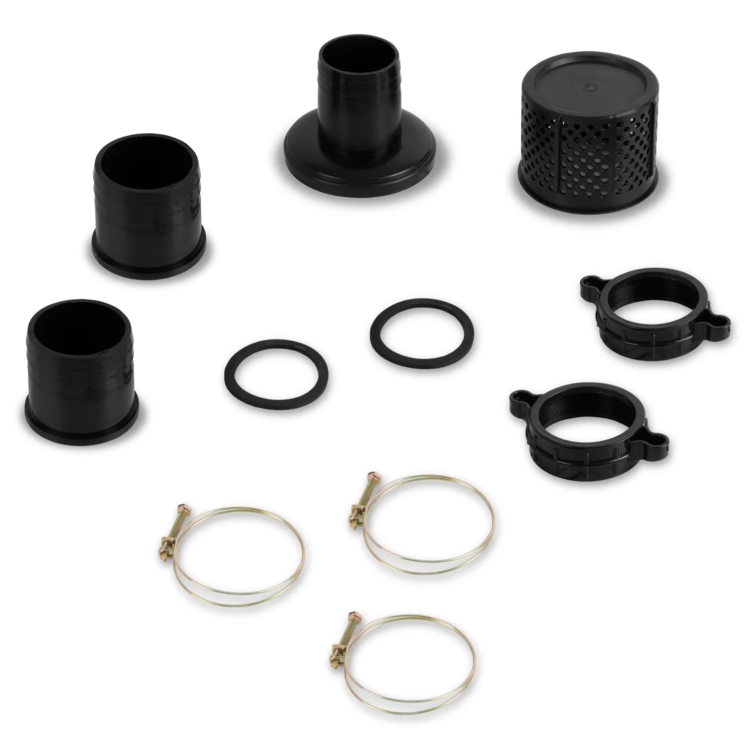 Zubehörset für EBERTH Wasserpumpe: Schlauchverbinder, Dichtungen, Filter, Schlauchschellen und Kupplungen.