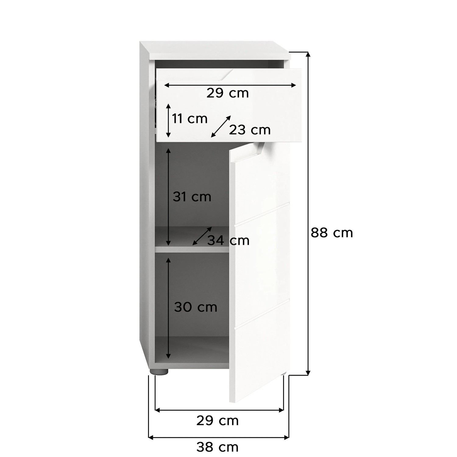 Weißer Bad-Standschrank Solero, 87x38x34cm, mit Schublade und Tür. Hochglanz-Optik.