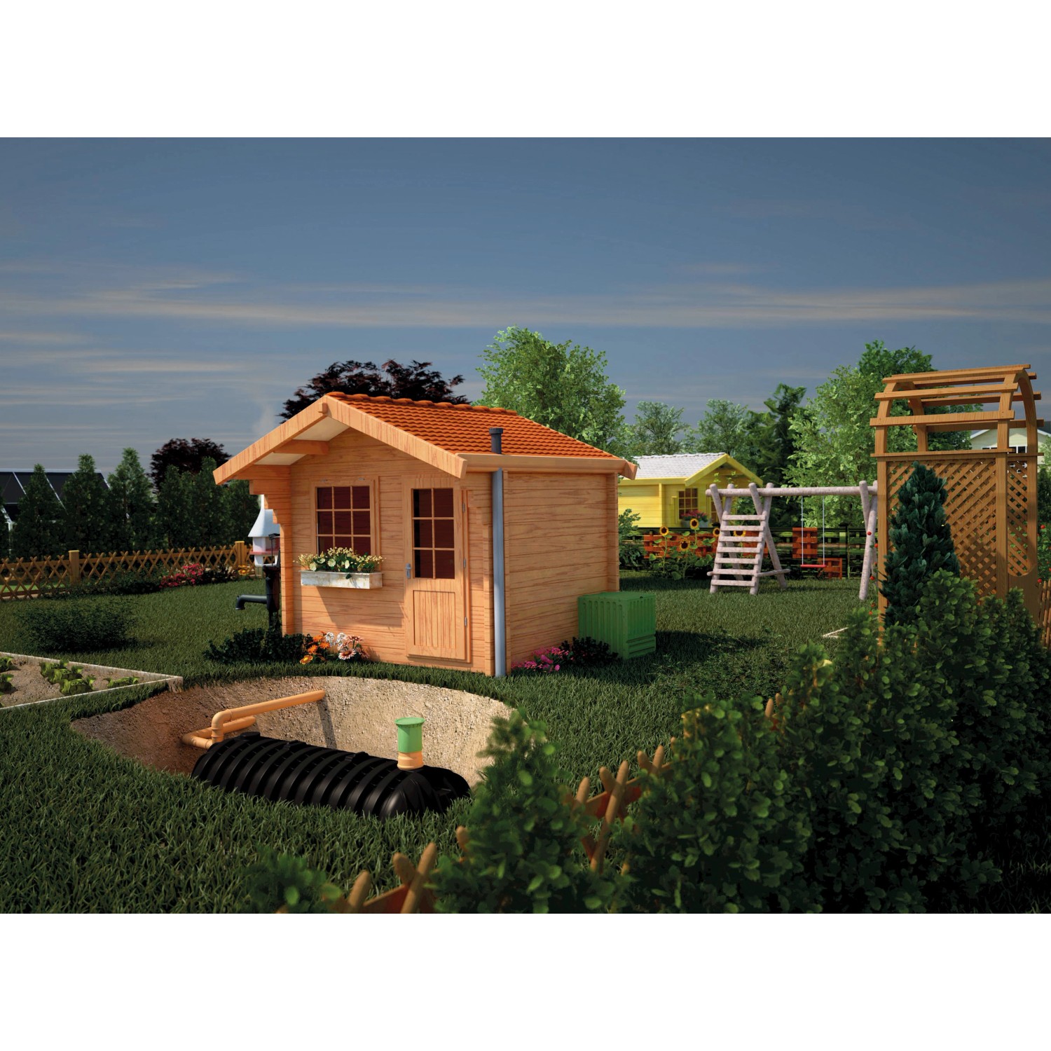 Garantia Sammelgrube Stabilus 3000 L im Garten eingebaut, mit kleinem Gartenhaus im Hintergrund.