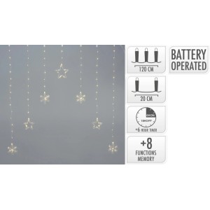 Warmweißer Mikro-LED Lichtervorhang mit Sternen und Schneeflocken, 120x120cm, batteriebetrieben, Weihnachtsdeko.