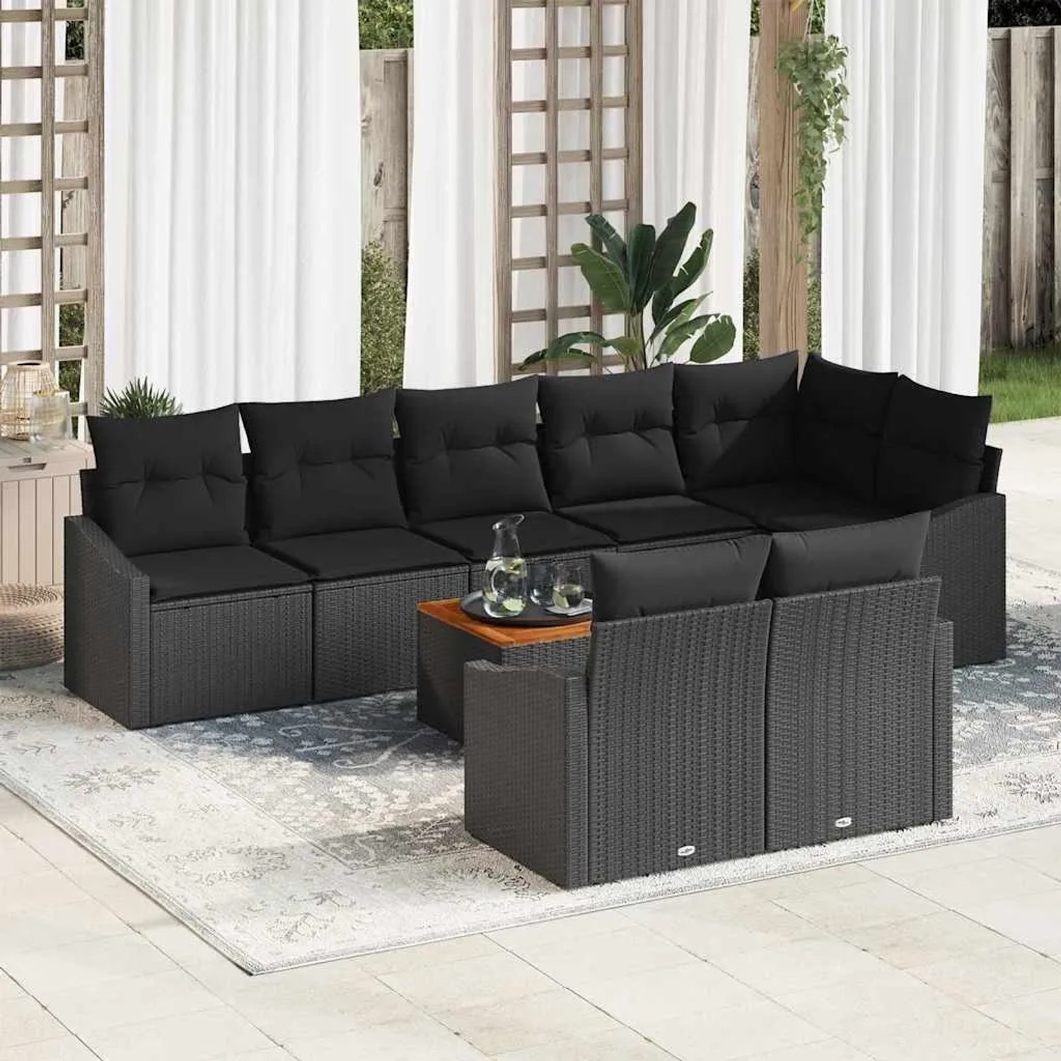 vidaXL Garten-Sofa-Set, 9-teilig, schwarz, Poly Rattan, mit Kissen und Tisch