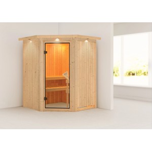 Karibu Sauna LED-Dachkranz Natur: Elementsauna mit Eckeinstieg, Glasfront und Beleuchtung.
