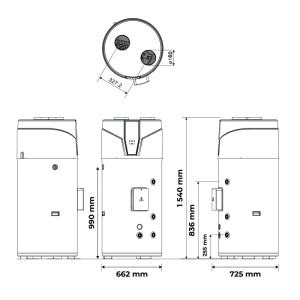 Technische Zeichnung Sannover Stelios 200 L Monoblock Warmwasserbereiter mit Maßen.