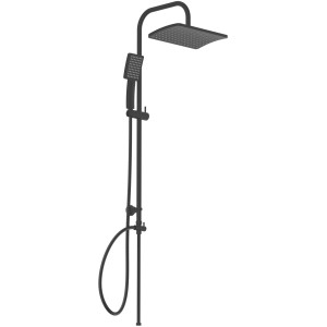 Schwarzes, mattes Schütte Duschsystem Mallorca mit Kopf- und Handbrause ohne Armatur.