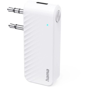 Weißer Hama Bluetooth Audio Transmitter mit AUX-Anschluss für Flugzeuge.
