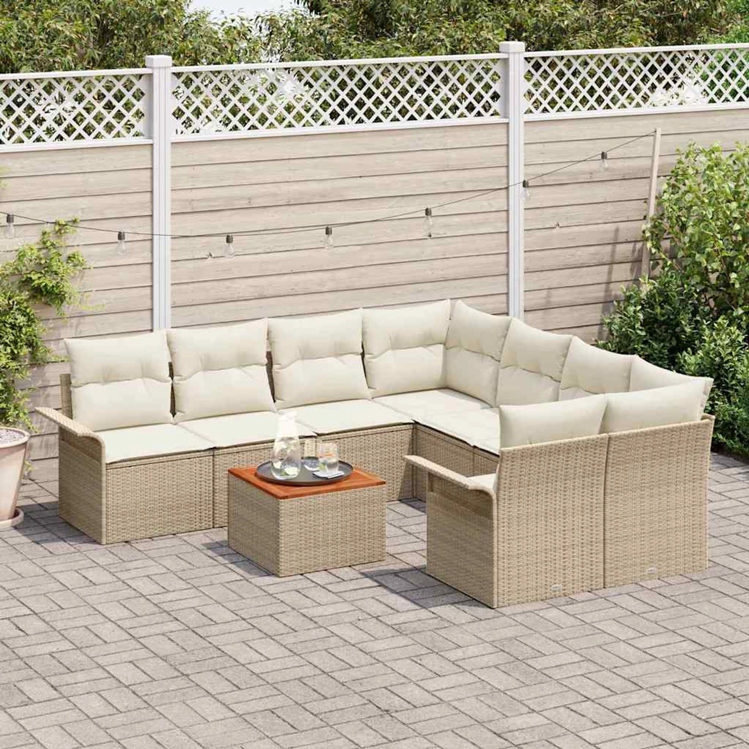 Beiges 9-teiliges Garten-Sofa-Set aus Poly Rattan von vidaXL mit Tisch und Auflagen.
